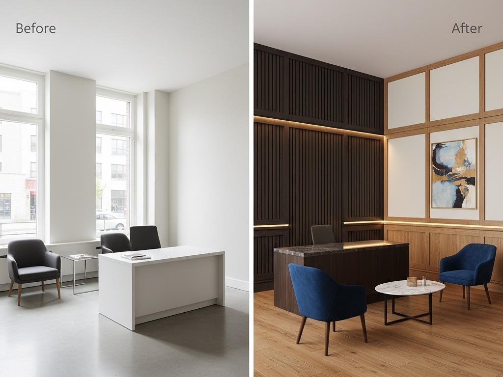 Before and after office geometric wall transformation in Melbourne