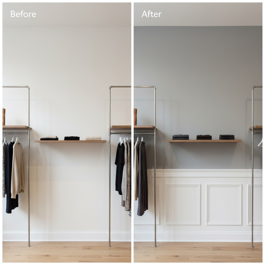 Before and After: Cafe transformation with sage green wainscoting half wall in Frankston