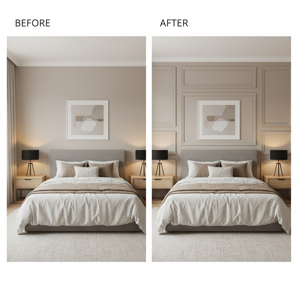 Before and After: Master bedroom transformation with full wall custom paneling in Glen Iris