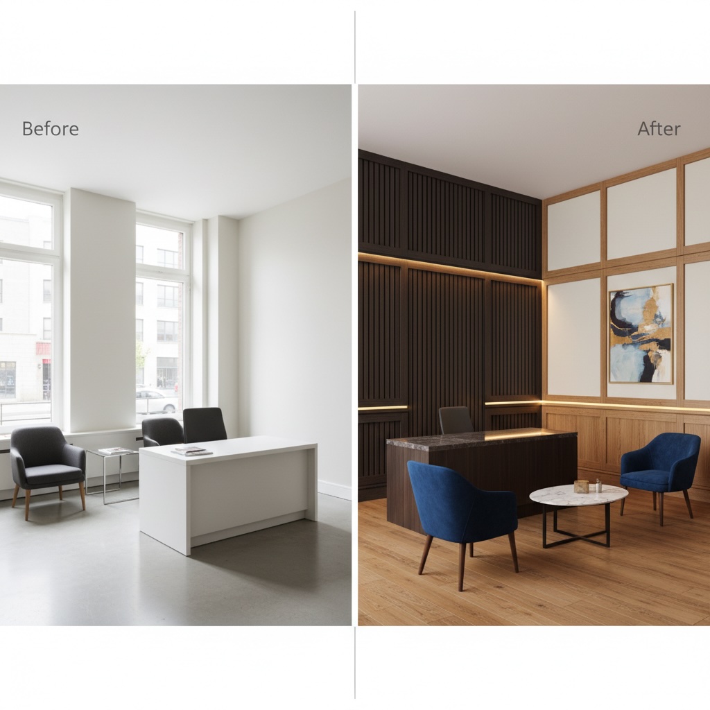 Before and After: Office transformation with dark timber slat wall and geometric paneling in Melbourne